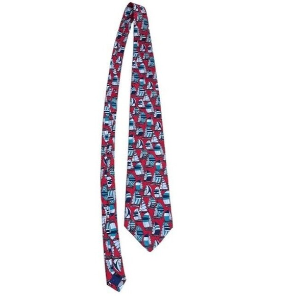 LIBERTY London Sailboat Silk Tie Wide Nautical Red Navy Blue Coastal Preppy EUC - Picture 3 of 9